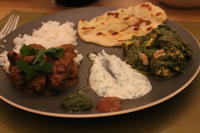 Vindaloo with Saag Paneer, rice, and naan