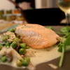 Poached Salmon with peas and mushrooms