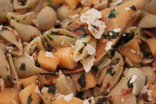 Pasta Salad with melon, ricotta, pancetta and mint