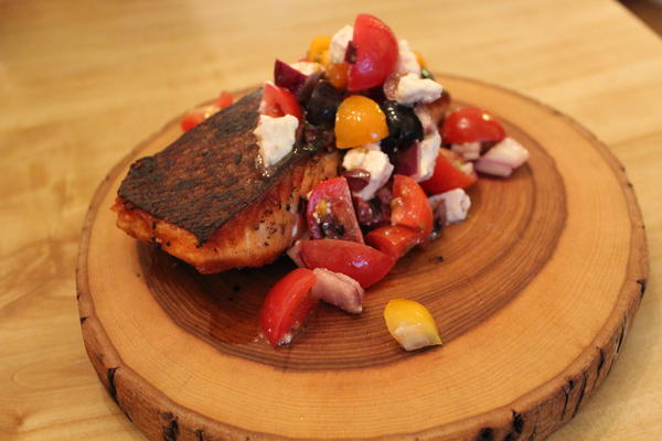 Salmon with Tomato-Olive-Onion-Feta salsa