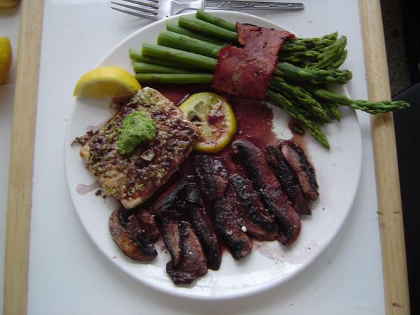 Purpled Salmon with mushrooms, Photo by Jon