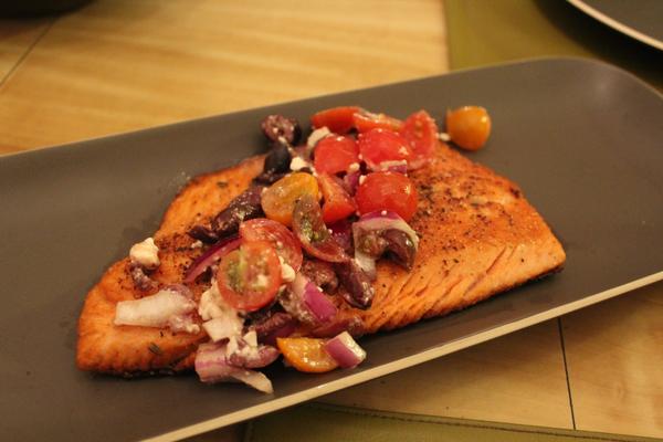 Salmon with Tomato-Onion-Olive-Feta salsa